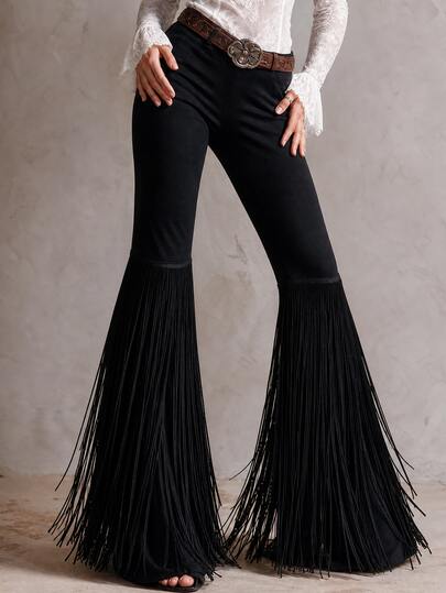 Solivie Women's Flare Trousers With Tassel Fringe, Long Flare Pants, Suitable For Daily Wear, Vintage Romantic Black Pants Cowgirl Outfits For Women