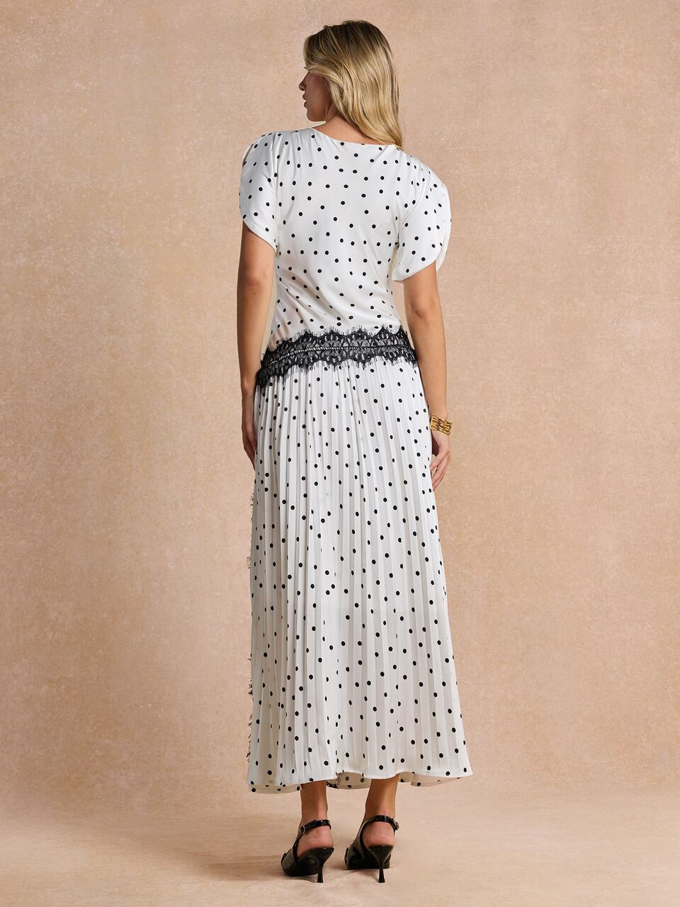 Enchnt Premium Pre-Fall Romantic Women's Elegant White Polka Dot Lace Patchwork Pleated Dress,Party Dress,New Year Looks,Festival Outfits,Casual Dress