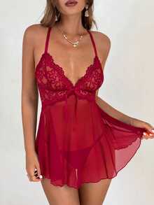 Aloruh 2pcs Set Sexy Lace & Mesh Backless A-Line Dress, Wine Red - Burgundy - View 7