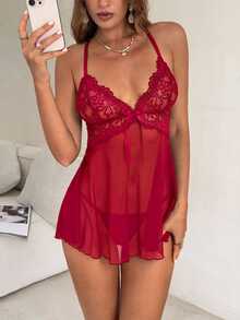 Aloruh 2pcs Set Sexy Lace & Mesh Backless A-Line Dress, Wine Red - Burgundy - View 6
