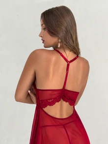 Aloruh 2pcs Set Sexy Lace & Mesh Backless A-Line Dress, Wine Red - Burgundy - View 8