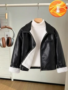 SHEIN 青少年女孩休閒街頭風翻領PU金屬拉鍊前開短夾克，黑色，秋冬款 - 黑色 - 查看 4