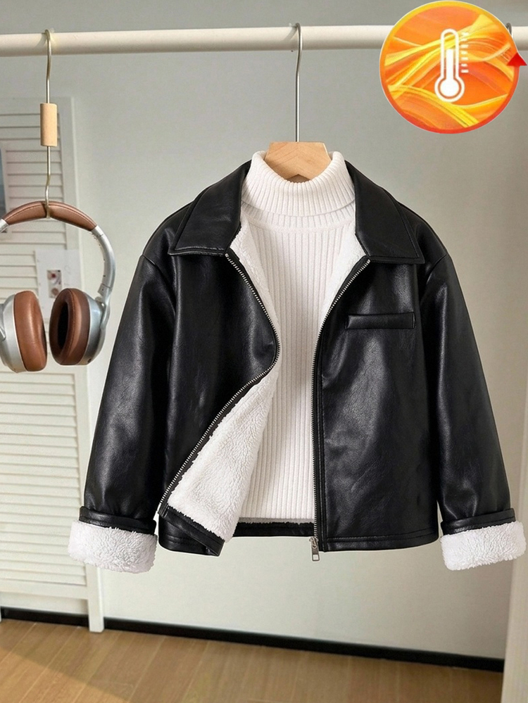 SHEIN Casual street-jacka för tween-flicka i tween-stil med krage, PU, metallblixtlås fram, kort modell, svart, höst/vinter - Svart - Visa 3