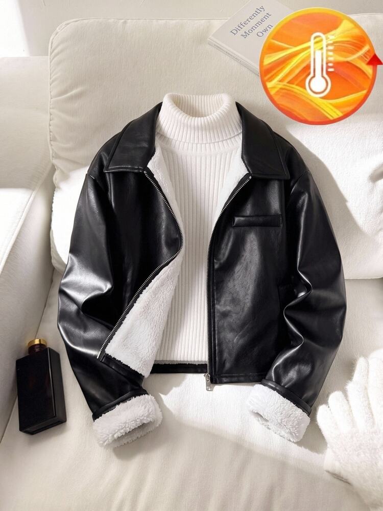 SHEIN Casual street-jacka för tween-flicka i tween-stil med krage, PU, metallblixtlås fram, kort modell, svart, höst/vinter - Svart - Visa 1