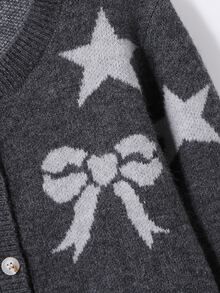 SHEIN Fall Clothes Winter Tween Girls Charcoal Round Neck Long Sleeve Bow Heart Knit Cardigan, Back To School, Cozy Soft, Festival Outfits Christmas - Dark Grey - View 3