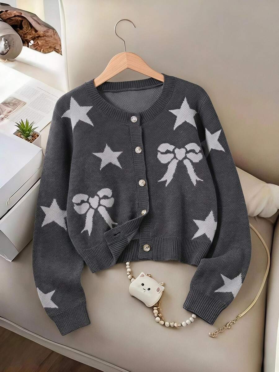 SHEIN Fall Clothes Winter Tween Girls Charcoal Round Neck Long Sleeve Bow Heart Knit Cardigan, Back To School, Cozy Soft, Festival Outfits Christmas - Dark Grey - View 1