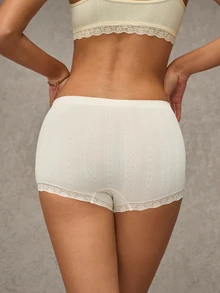 Esseday Calcinha Boyshort Sem Costura Canelada Branca Marfim, Macia e Elástica, Cintura Média, com Renda, Anti-Atrito, para Uso Diário - Bege - Visão 3