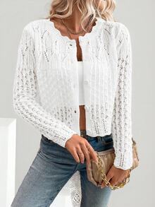 SHEIN 女士圆领镂空前扣开衫针织毛衣 - 白色 - 查看 9