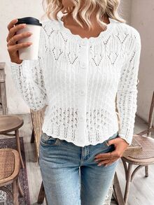 SHEIN 女士圆领镂空前扣开衫针织毛衣 - 白色 - 查看 6
