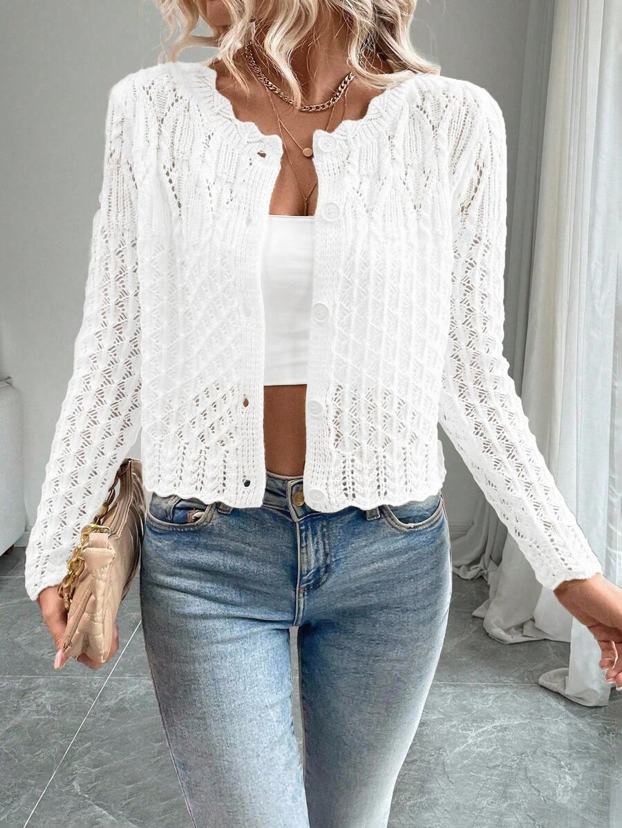 SHEIN Women's Crew Neck Hollow Front Button Cardigan Knit Sweater Fall Winter Cloth For Women