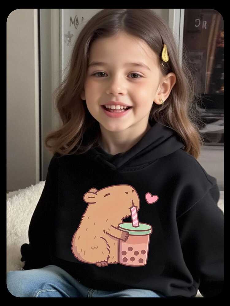 SHEIN Big Girls Sweatshirt, Cute Capybara Bubble Tea Graphic Print Long‑Sleeve Hooded Sweatshirt, Big Girls Casual Daily Pullover Tops - Pink - View 3
