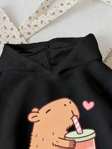 SHEIN 大女孩休閒日常穿著可愛水豚珍珠奶茶圖案長袖連帽衛衣套頭上衣 - 粉色 - 查看 4