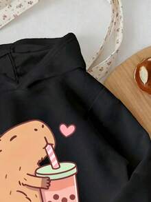 SHEIN 大女孩休閒日常穿著可愛水豚珍珠奶茶圖案長袖連帽衛衣套頭上衣 - 粉色 - 查看 6