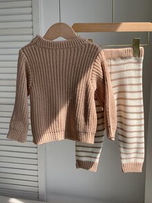 SHEIN 中性嬰兒男/女童、幼兒秋冬休閒可愛親子標語圖案加厚針織衫套裝，復古風 - 杏色 - 查看 3
