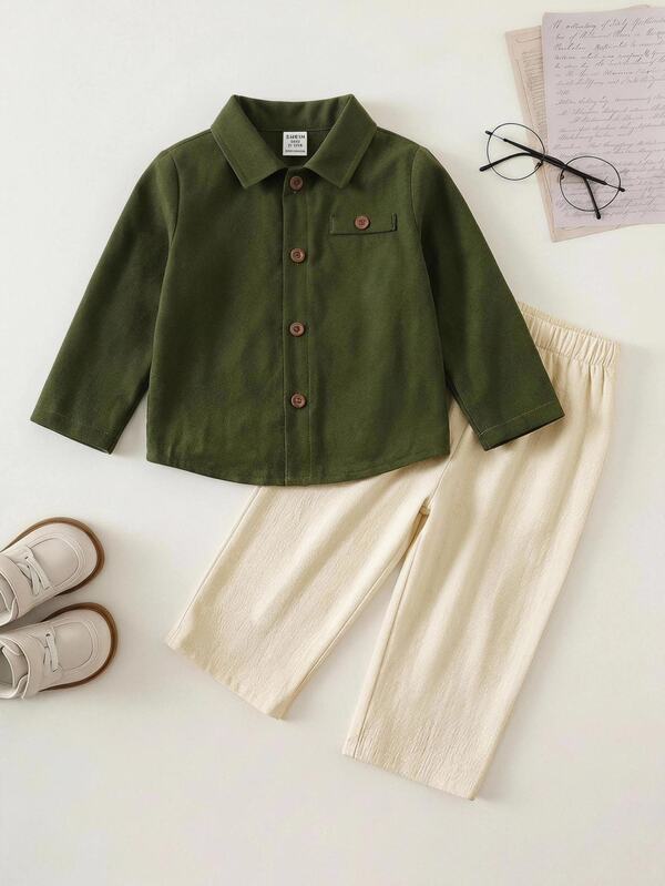 2pcs Unisex Baby Boy/Girl Baby Boy Autumn/Winter Casual Preppy Shirt Set, Baby Boy Outfit Sets