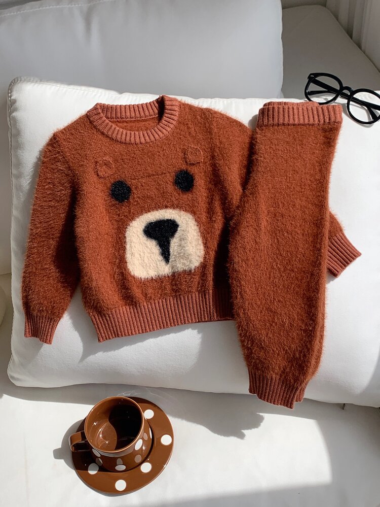 Unisex Baby Boy/Girl, 2pcs Autumn/Winter Casual Cute Fluffy Bear Pattern Thickened Sweater Set, Baby Winter Clothes, Sweater Sets, Halloween - Brown - View 3