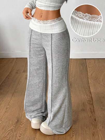 Coolane Women's Fall/Winter Streetwear Sporty Workout Fitness Casual Back To School Vintage Y2K Rib Knit White Turn-Down French Grey Flare Contrast Lace Pants