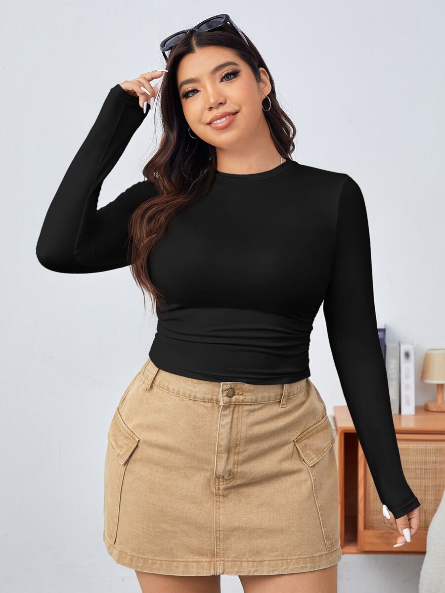 SHEIN EZwear 大码女式纯色圆领长袖休闲修身 T 恤