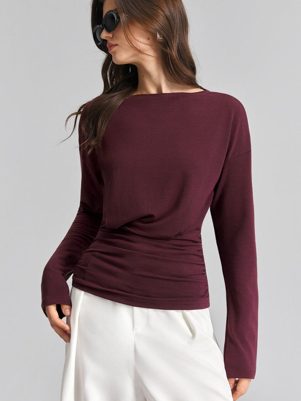 2026 New Autumn Women's T-Shirt, Cinched Waist Loose Fit, Solid Purple-Red Long Sleeve Top, Casual Commuter Urban Modern Minimalist Elegant Tea Party Independence Day Old Money Style Teacher, Women's Office Wear, Holiday, Vacation Date, Women's Outing Wear, Fashionable Versatile Women's T-Shirt