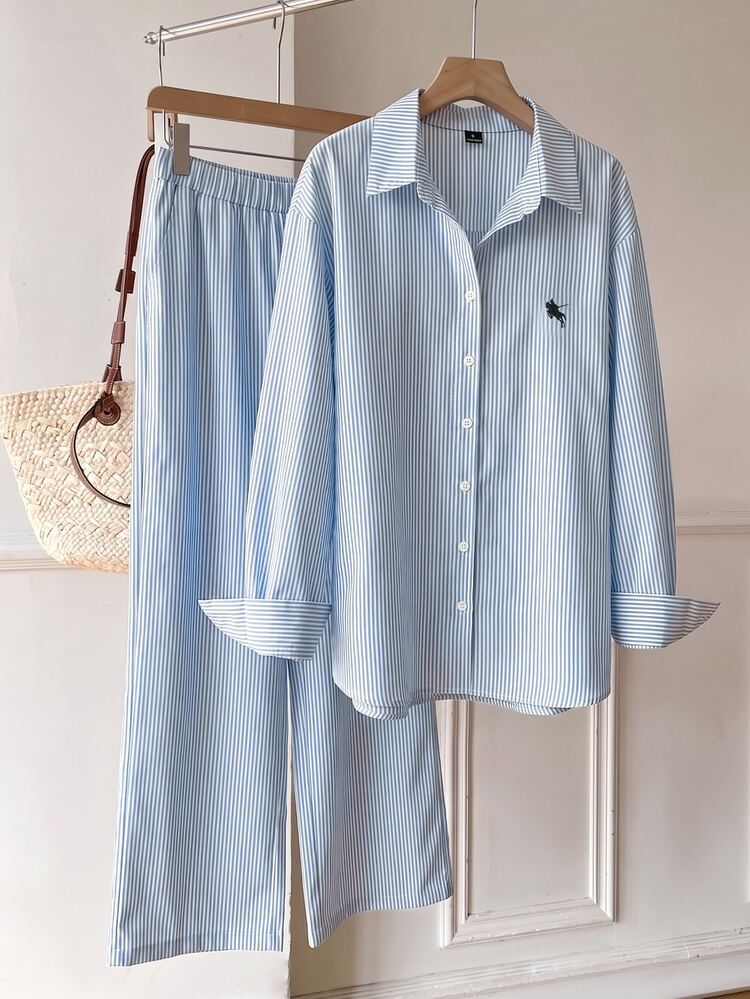 SHEIN EZwear 條紋休閒大尺碼女款襯衫與寬腿褲套裝 秋季 - 藍白色 - 查看 7