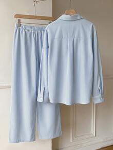 SHEIN EZwear Striped Casual Plus Size Women's Shirt And Wide Leg Pants Set Fall - Blue and White - View 3