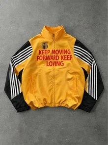 ROMWE MEN Men's Colorblock Zip-Up Stand Collar Long Sleeve Jacket, Soccer Jersey Cardigan Jacket - Yellow - View 1