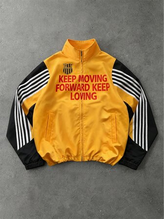 Men's Colorblock Zip-Up Stand Collar Long Sleeve Jacket, Soccer Jersey Cardigan Jacket