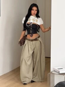 Coolane 女款四季秋季街頭風外穿復古日常穿搭學院風文藝復興市集風卡其格紋寬鬆長褲香蕉哈倫褲 - 彩色 - 查看 2