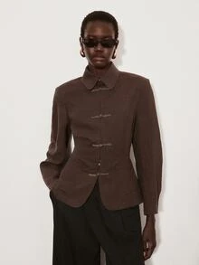 ATUI Studio Women's Vintage Versatile Frog Button Long Sleeve Pocket Shirt - Brown - View 6