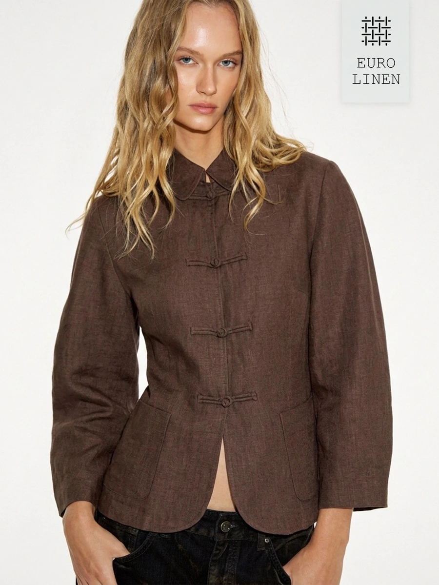 ATUI Studio Women's Vintage Versatile Frog Button Long Sleeve Pocket Shirt - Brown - View 1