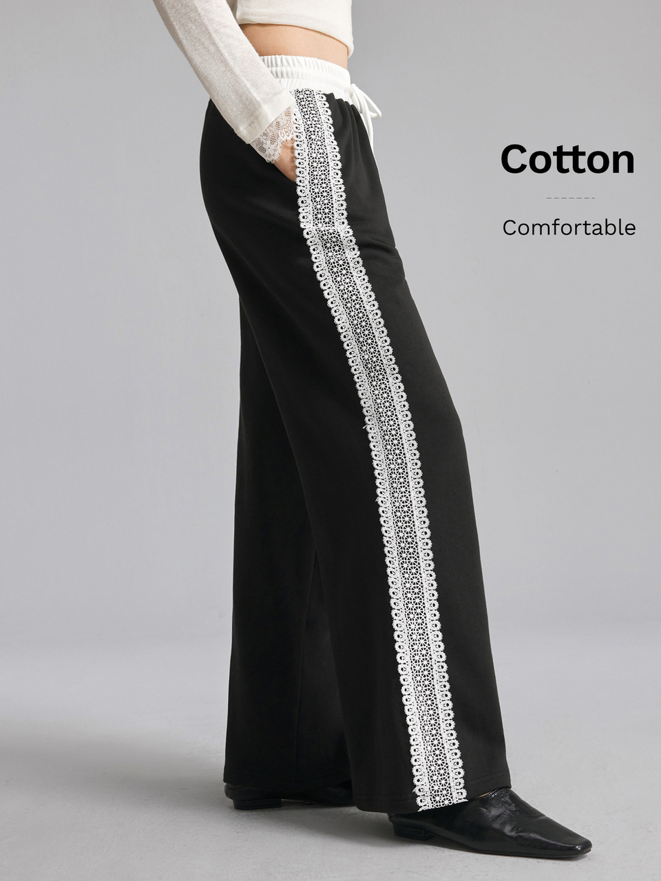 2026 New Autumn Women's Loose Fit Black Sweatpants With White Contrast Waistband Lace Knit Fabric Design Casual Commute Urban Modern Minimalist Elegant Tea Party Independence Day Old Money Style Teacher Women's Office Wear Holiday Vacation Date Women's Outwear Fashion Versatile Women's Wide Leg Long Pants