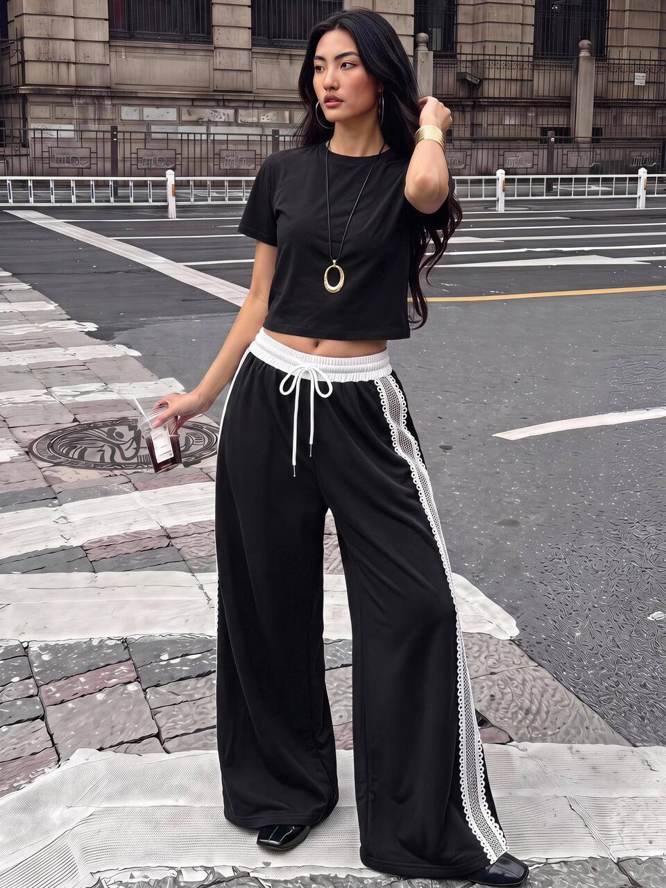 2026 New Autumn Women's Loose Fit Black Sweatpants With White Contrast Waistband Lace Knit Fabric Design Casual Commute Urban Modern Minimalist Elegant Tea Party Independence Day Old Money Style Teacher Women's Office Wear Holiday Vacation Date Women's Outwear Fashion Versatile Women's Wide Leg Long Pants