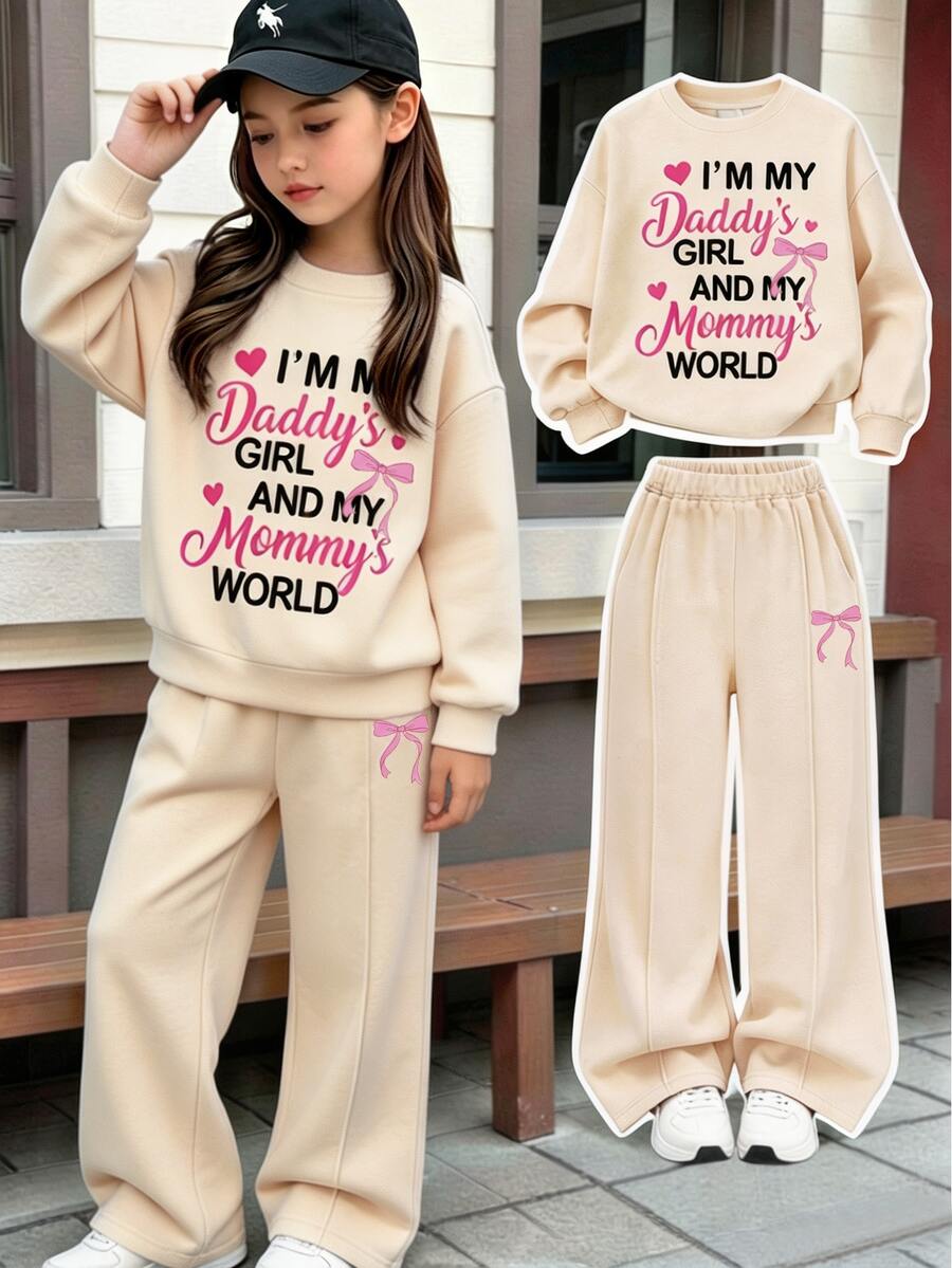Girls' Fashionable Comfortable Printed Long Sleeve Sweatshirt And Wide Leg Pants 2 Pieces Set Autumn Winter - White - View 1