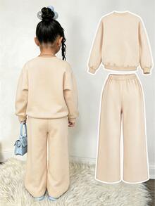 Girls' Fashionable Comfortable Printed Long Sleeve Sweatshirt And Wide Leg Pants 2 Pieces Set Autumn Winter - White - View 2