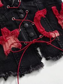 ROMWE Street Life Streetwear Slogan Embroidered Contrast Color Distressed Halter Denim Top - Black - View 4