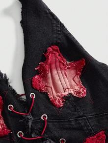 ROMWE Street Life Streetwear Slogan Embroidered Contrast Color Distressed Halter Denim Top - Black - View 3