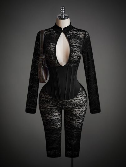 SHEIN ICON Women's Halloween Cosplay Goth Bunny Girl Black Club Lace Patchwork Hollow Out Fitted Jumpsuit