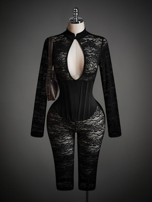 SHEIN ICON Women's Halloween Cosplay Goth Bunny Girl Black Club Lace Patchwork Hollow Out Fitted Jumpsuit