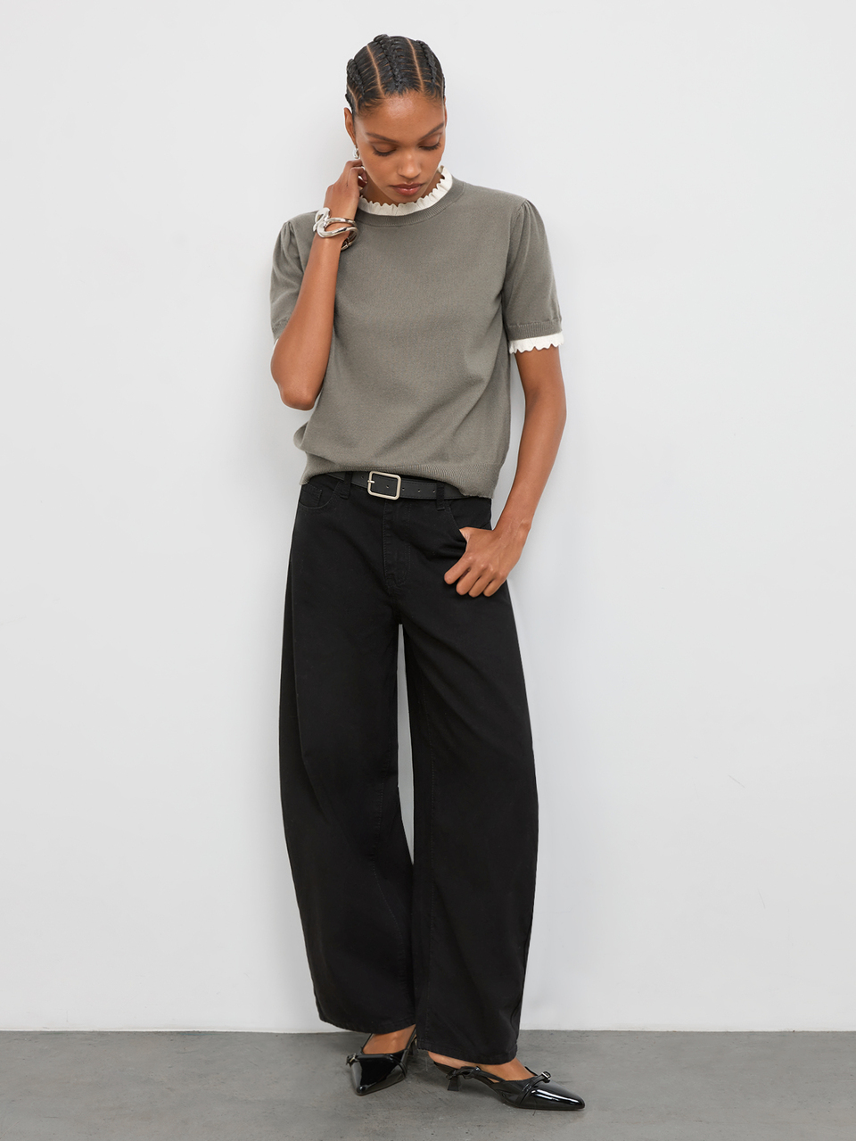 SHEIN Maija Top de punto casual de manga corta con cuello redondo y bloques de color para mujer