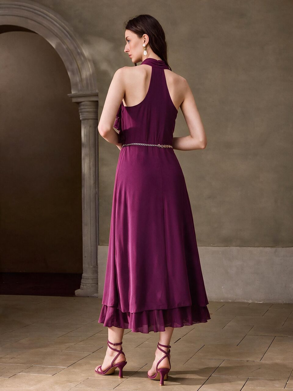 MOTF WOMEN'S AUTUMN/WINTER RUFFLE TRIM HALTER NECK FLARED DRESS
