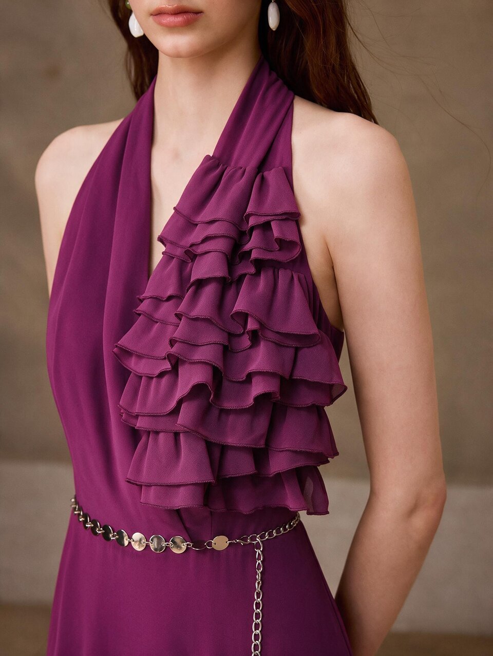 MOTF WOMEN'S AUTUMN/WINTER RUFFLE TRIM HALTER NECK FLARED DRESS