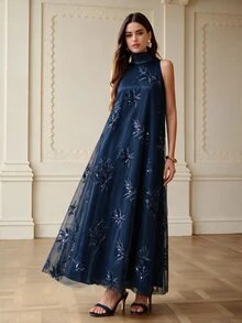 ZEYLAH Mesh Embroidered Exquisite Dress For Evening Party - Navy Blue - View 5
