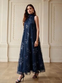 ZEYLAH Mesh Embroidered Exquisite Dress For Evening Party - Navy Blue - View 3