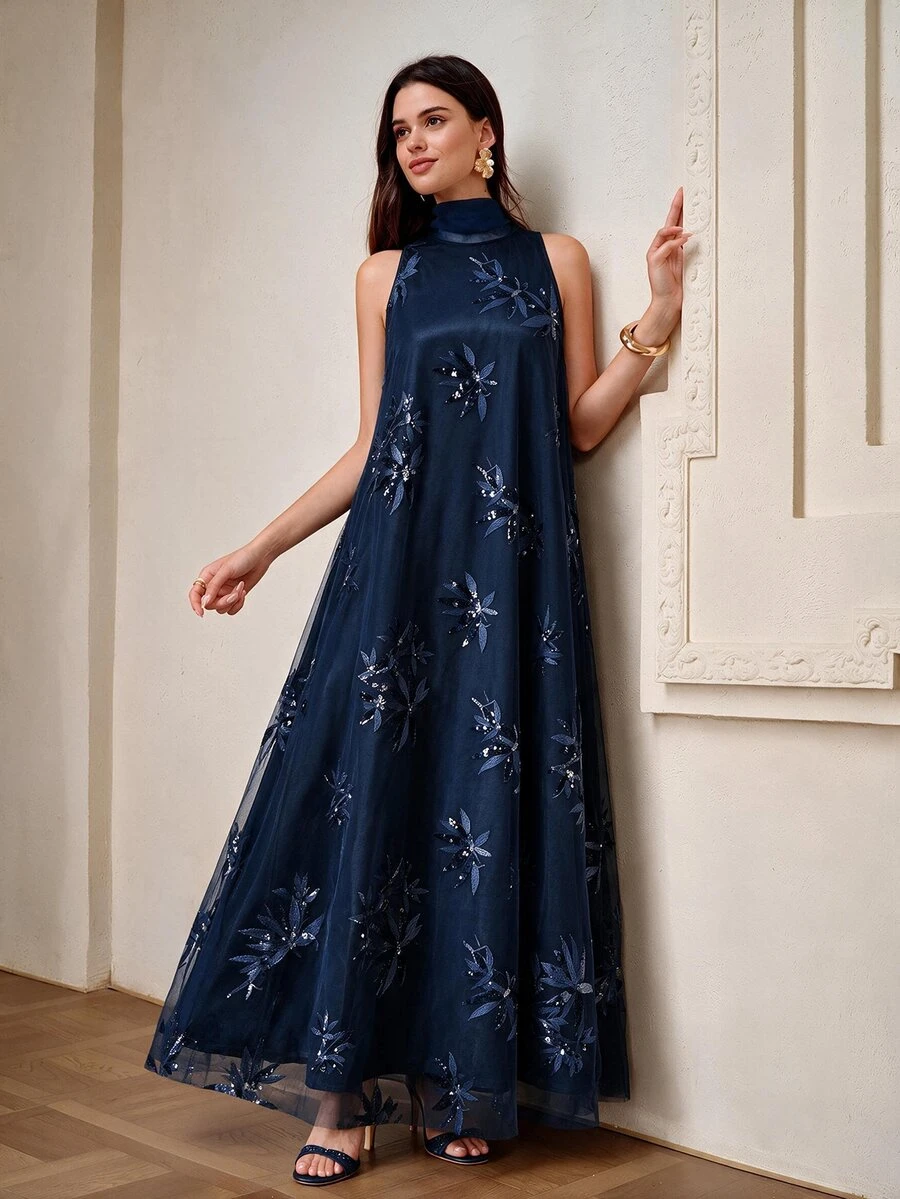 ZEYLAH Mesh Embroidered Exquisite Dress For Evening Party - Navy Blue - View 1