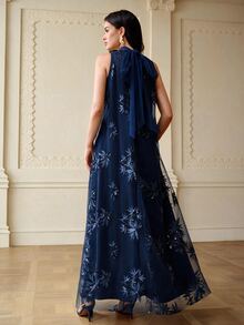 ZEYLAH Mesh Embroidered Exquisite Dress For Evening Party - Navy Blue - View 4
