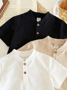 SHEIN 3pcs Young Boy Solid Color Knit Short Sleeve Top Set, Casual & Comfortable - Multicolor - View 5