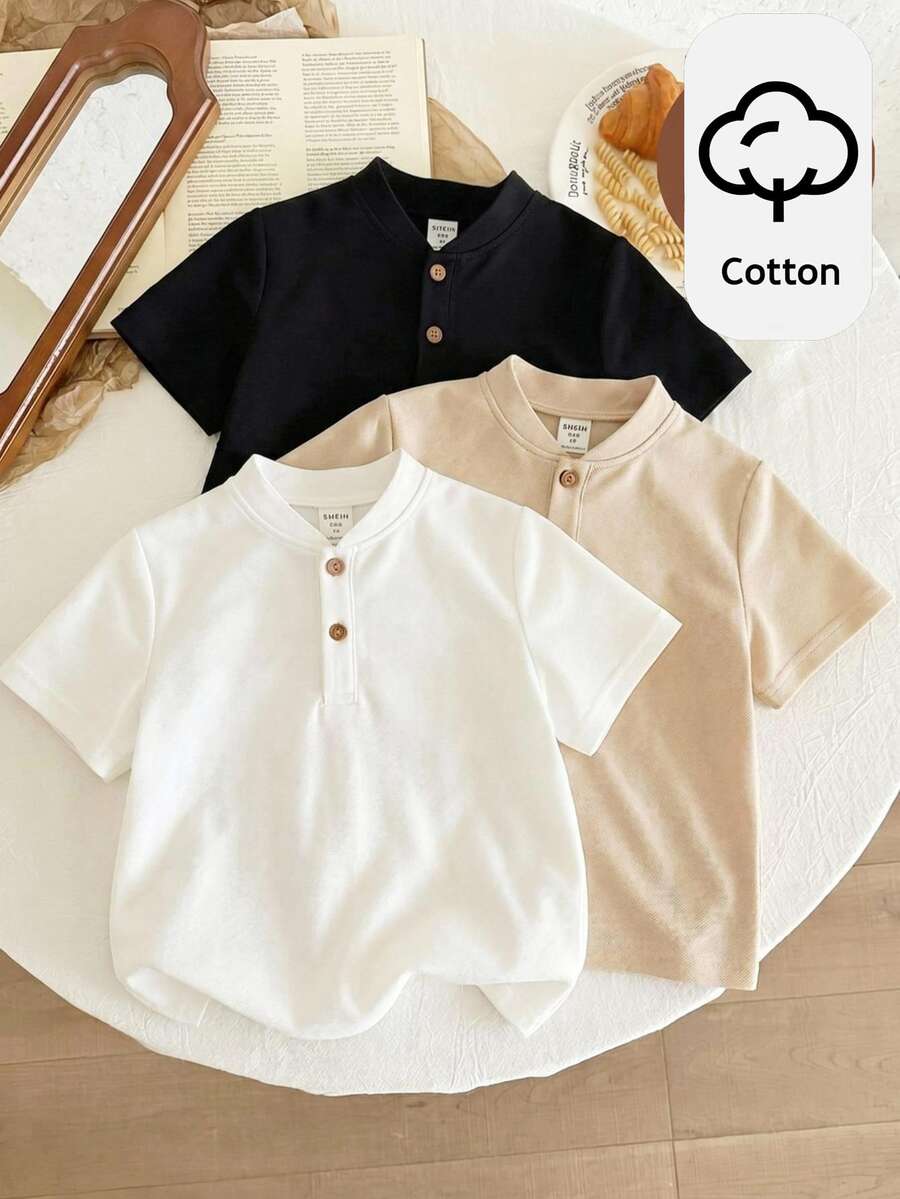 SHEIN 3pcs Young Boy Solid Color Knit Short Sleeve Top Set, Casual & Comfortable