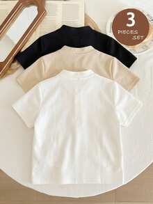 SHEIN 3pcs Young Boy Solid Color Knit Short Sleeve Top Set, Casual & Comfortable - Multicolor - View 3