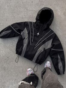 AXEPEAK Men's Drawstring Hooded Casual Daily Long Sleeve Zip Jacket, For Spring, Outdoor - Black - View 1
