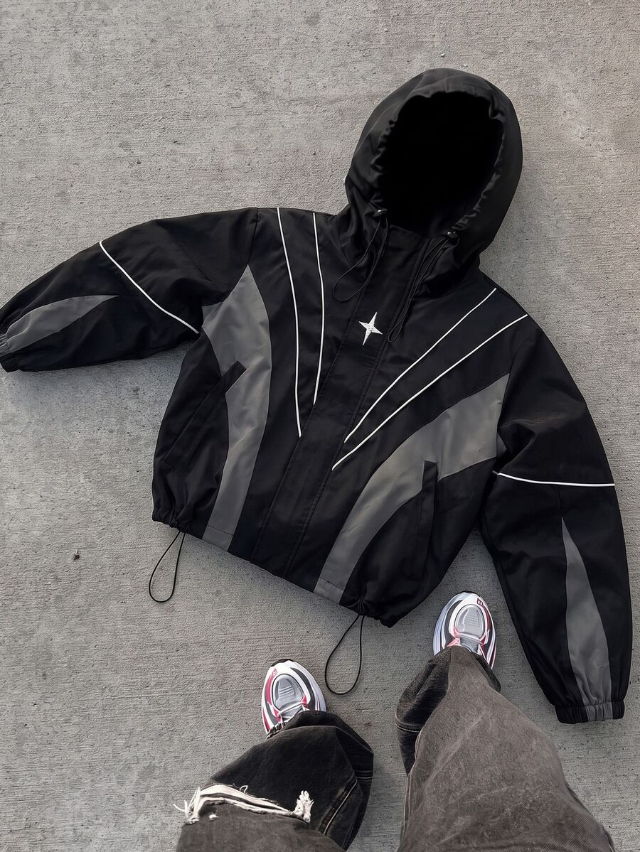 AXEPEAK Men's Drawstring Hooded Casual Daily Long Sleeve Zip Jacket, For Spring, Outdoor - Black - View 1